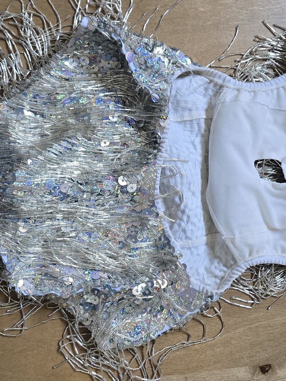 Silver Sequin Bead Fringe Performance Bodysuit Adult L Pop Star Stage Costume - Picture 13 of 16